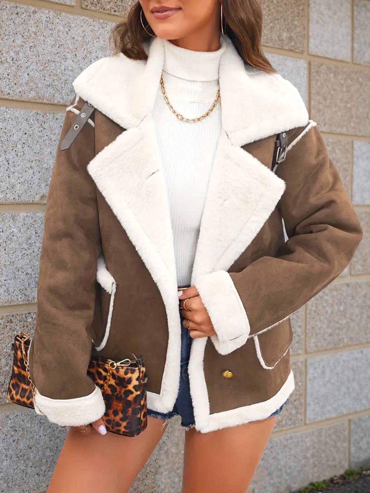 Cocolii veste aviateur femme doublé polaire poches chunky buckle col revers décontracté chaud manteau en suédine