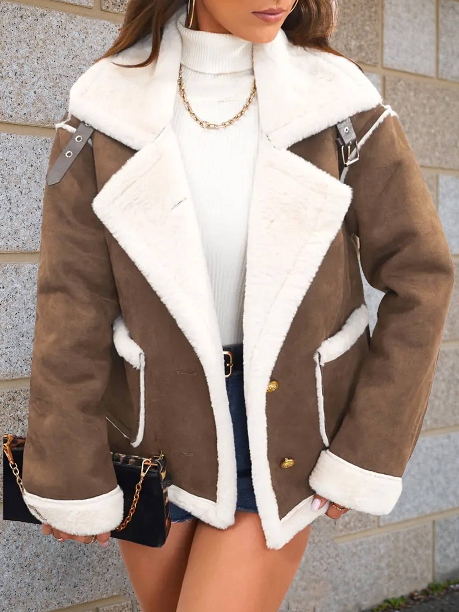 Cocolii veste aviateur femme doublé polaire poches chunky buckle col revers décontracté chaud manteau en suédine