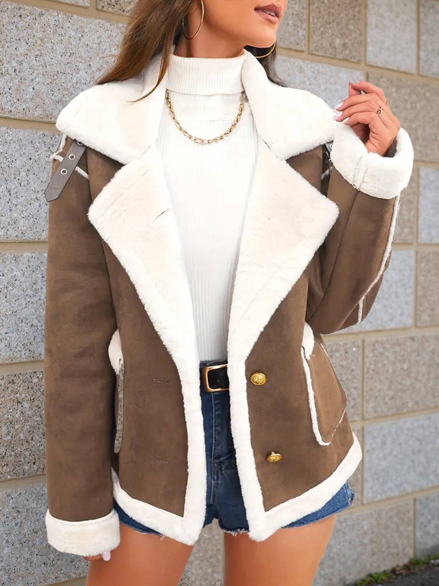 Cocolii veste aviateur femme doublé polaire poches chunky buckle col revers décontracté chaud manteau en suédine