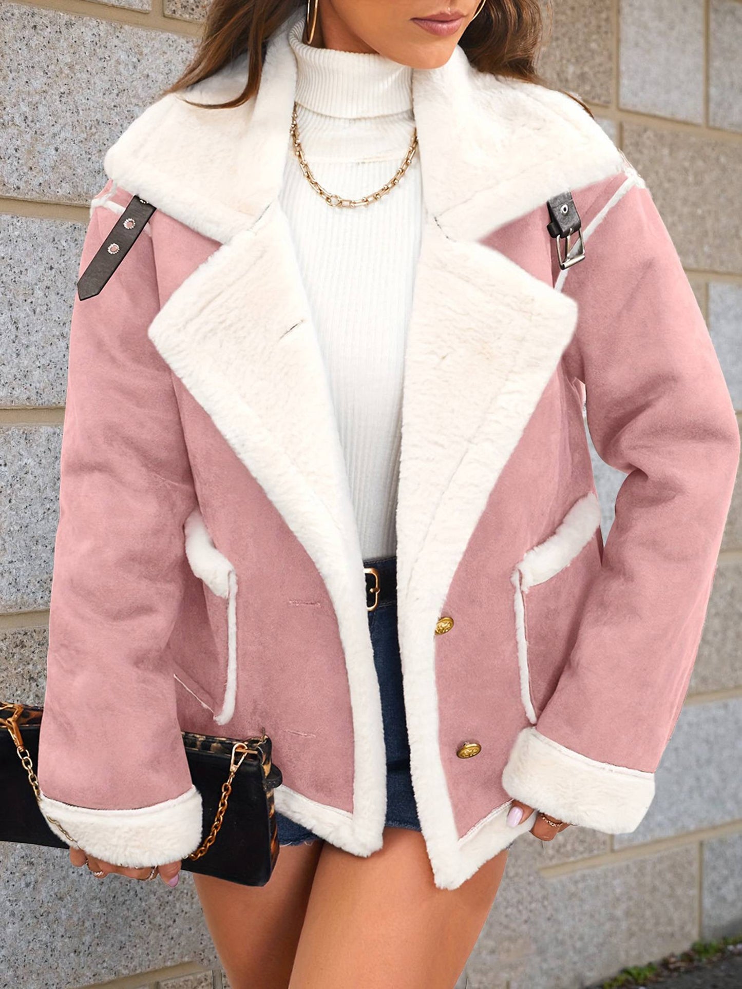 Cocolii veste aviateur femme doublé polaire poches chunky buckle col revers décontracté chaud manteau en suédine