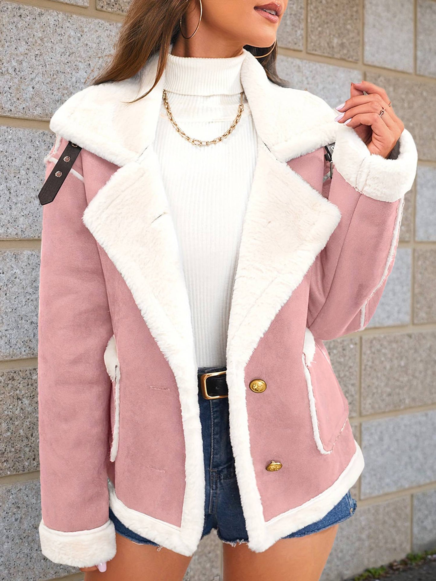 Cocolii veste aviateur femme doublé polaire poches chunky buckle col revers décontracté chaud manteau en suédine