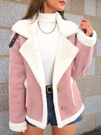 Cocolii veste aviateur femme doublé polaire poches chunky buckle col revers décontracté chaud manteau en suédine