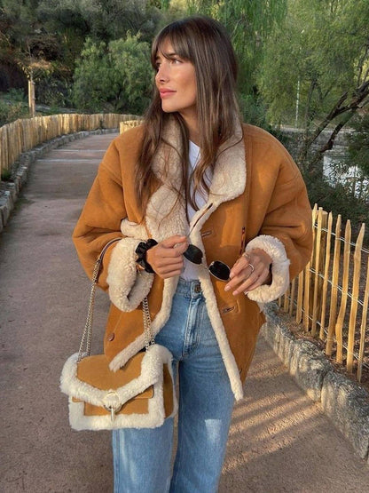 Cocolii manteau aviateur en suedine femme peau de mouton col revers manches longues manteau rétro doux et tendance