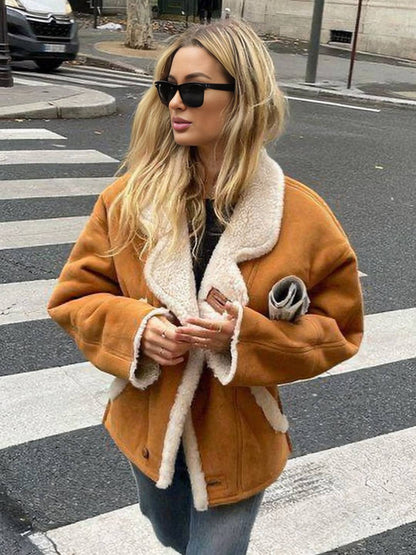 Cocolii manteau aviateur en suedine femme peau de mouton col revers manches longues manteau rétro doux et tendance