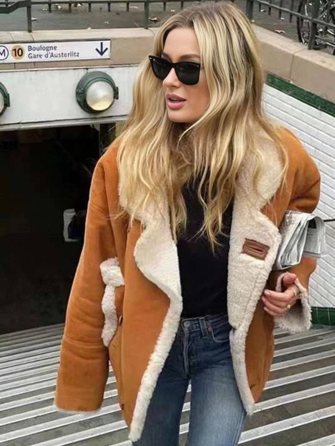 Cocolii manteau aviateur en suedine femme peau de mouton col revers manches longues manteau rétro doux et tendance