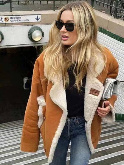 Cocolii manteau aviateur en suedine femme peau de mouton col revers manches longues manteau rétro doux et tendance