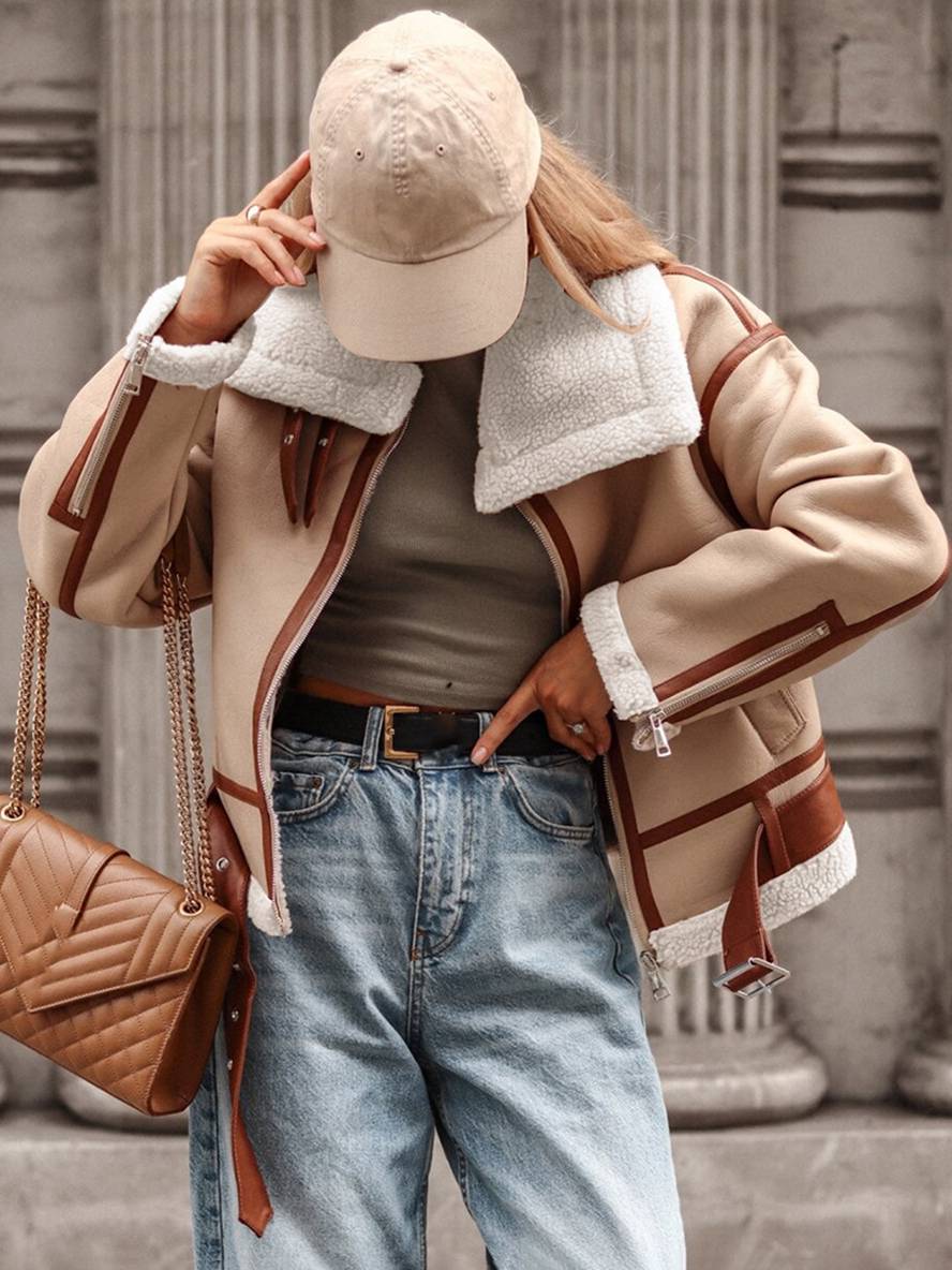 Cocolii court manteau aviateur polaire poches ceinture chunky buckle col revers femme oversized décontracté hiver bombardier