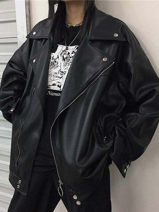 Cocolii perfecto vestes en simili cuir poches col revers femme oversized vintage décontracté style motard