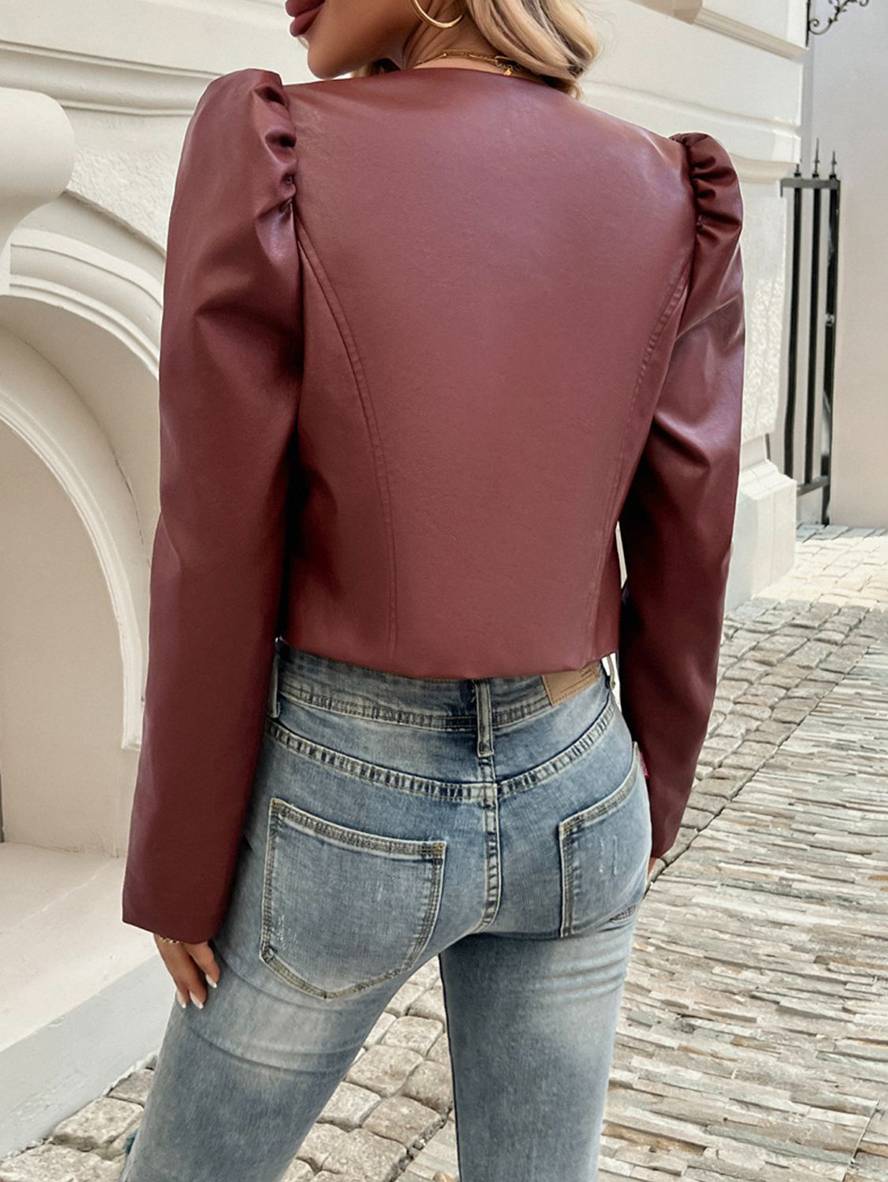 Cocolii court veste simili cuir col rond manches bouffantes manches longues femme élégant décontracté mode casual vêtements