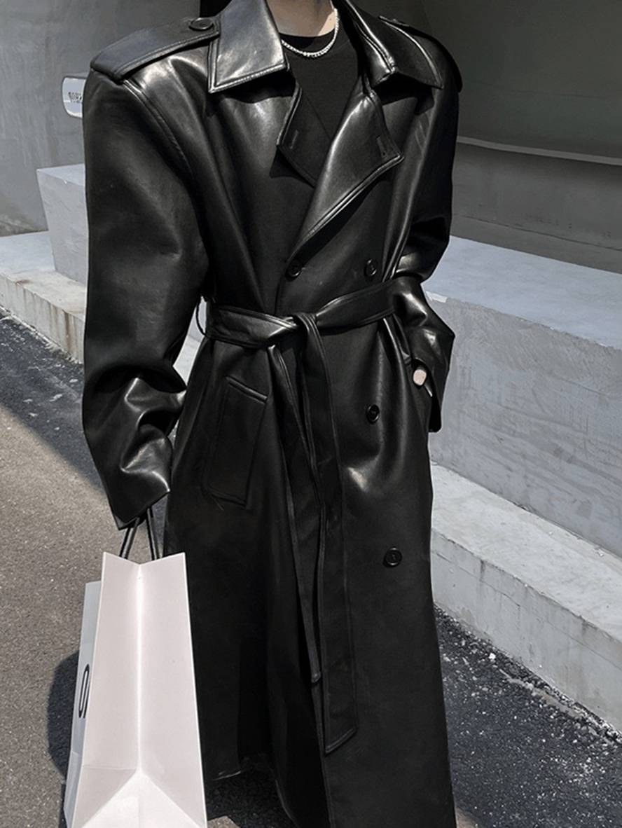 Cocolii longue manteau en simili cuir boutonnage poches ceinture manches longues femme élégant mode oversized veste