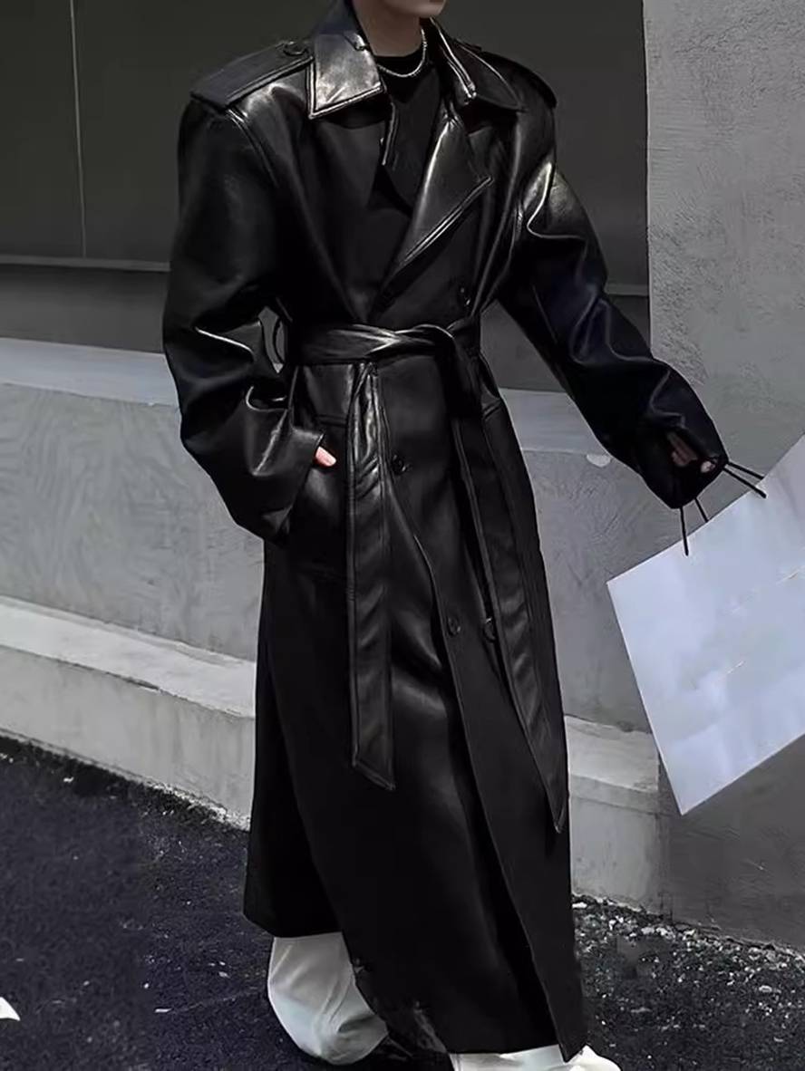 Cocolii longue manteau en simili cuir boutonnage poches ceinture manches longues femme élégant mode oversized veste