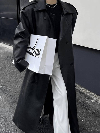 Cocolii longue manteau en simili cuir boutonnage poches ceinture manches longues femme élégant mode oversized veste