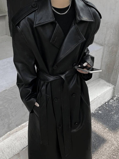 Cocolii longue manteau en simili cuir boutonnage poches ceinture manches longues femme élégant mode oversized veste