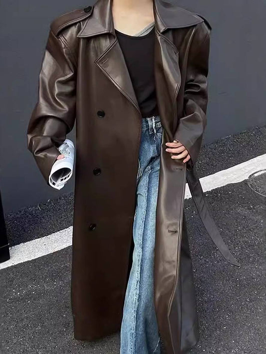 Cocolii longue manteau en simili cuir boutonnage poches ceinture manches longues femme élégant mode oversized veste