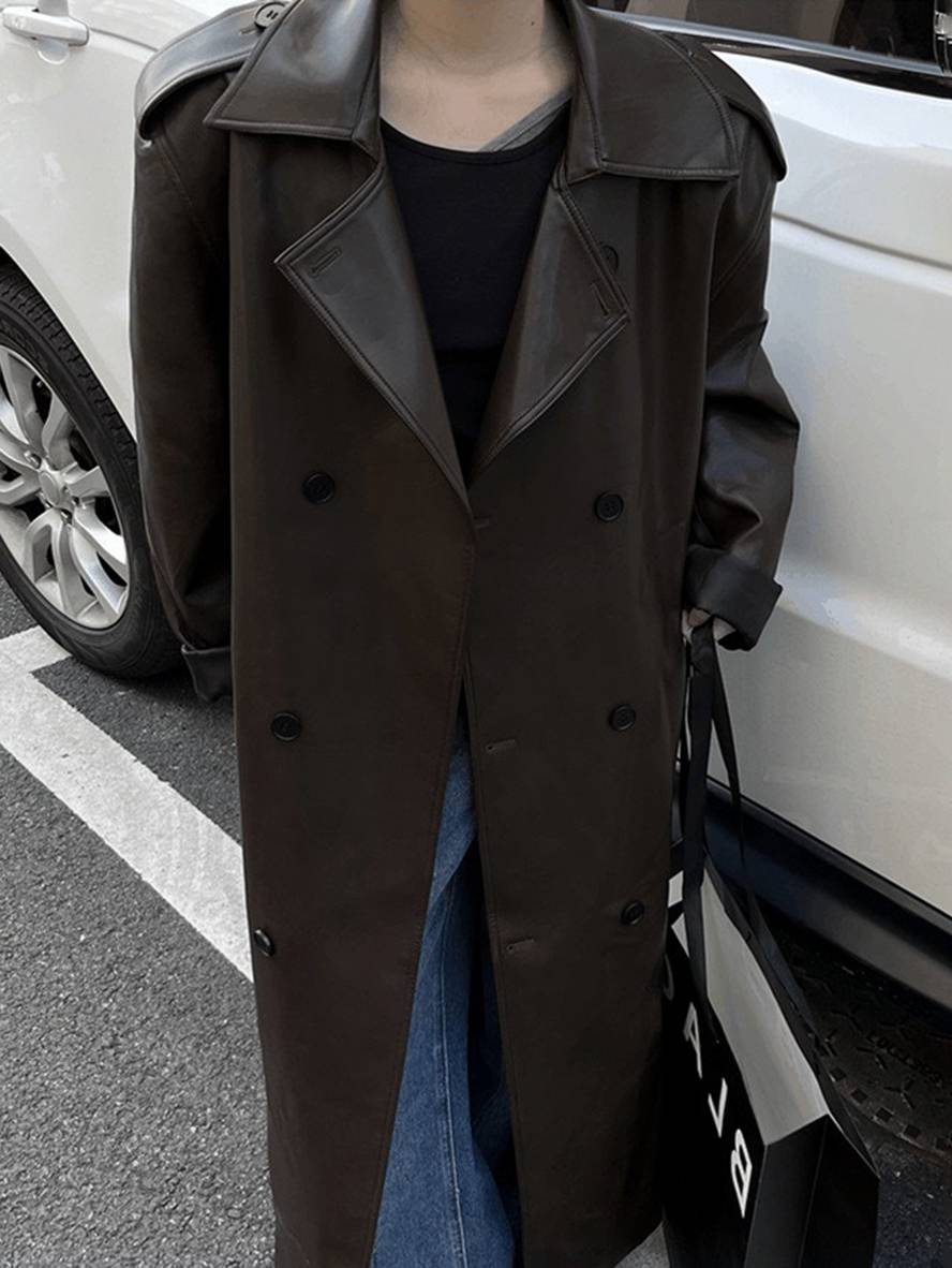 Cocolii longue manteau en simili cuir boutonnage poches ceinture manches longues femme élégant mode oversized veste