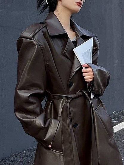 Cocolii longue manteau en simili cuir boutonnage poches ceinture manches longues femme élégant mode oversized veste