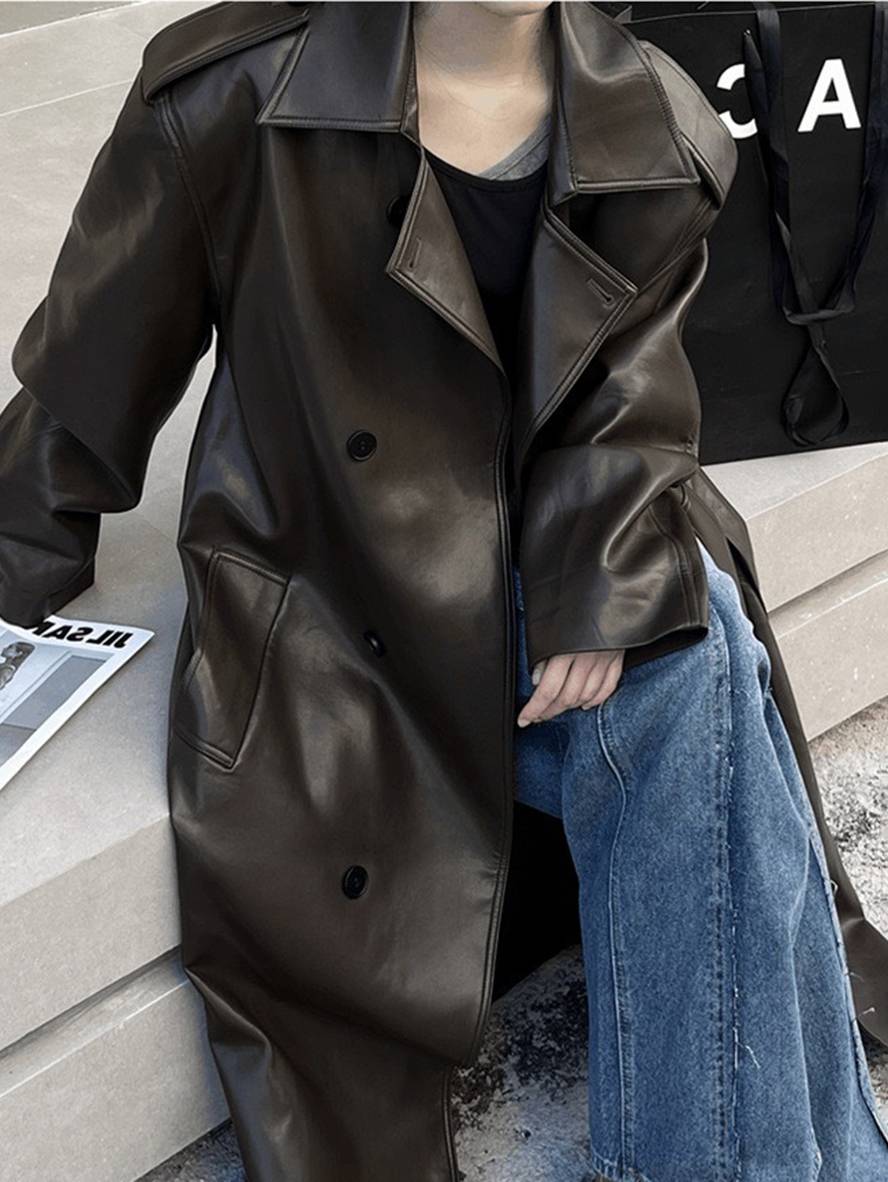 Cocolii longue manteau en simili cuir boutonnage poches ceinture manches longues femme élégant mode oversized veste