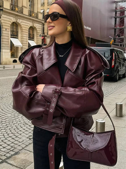 Cocolii court perfecto femme simili cuir fermeture éclair ceinture col revers manches longues femme vintage décontracté veste