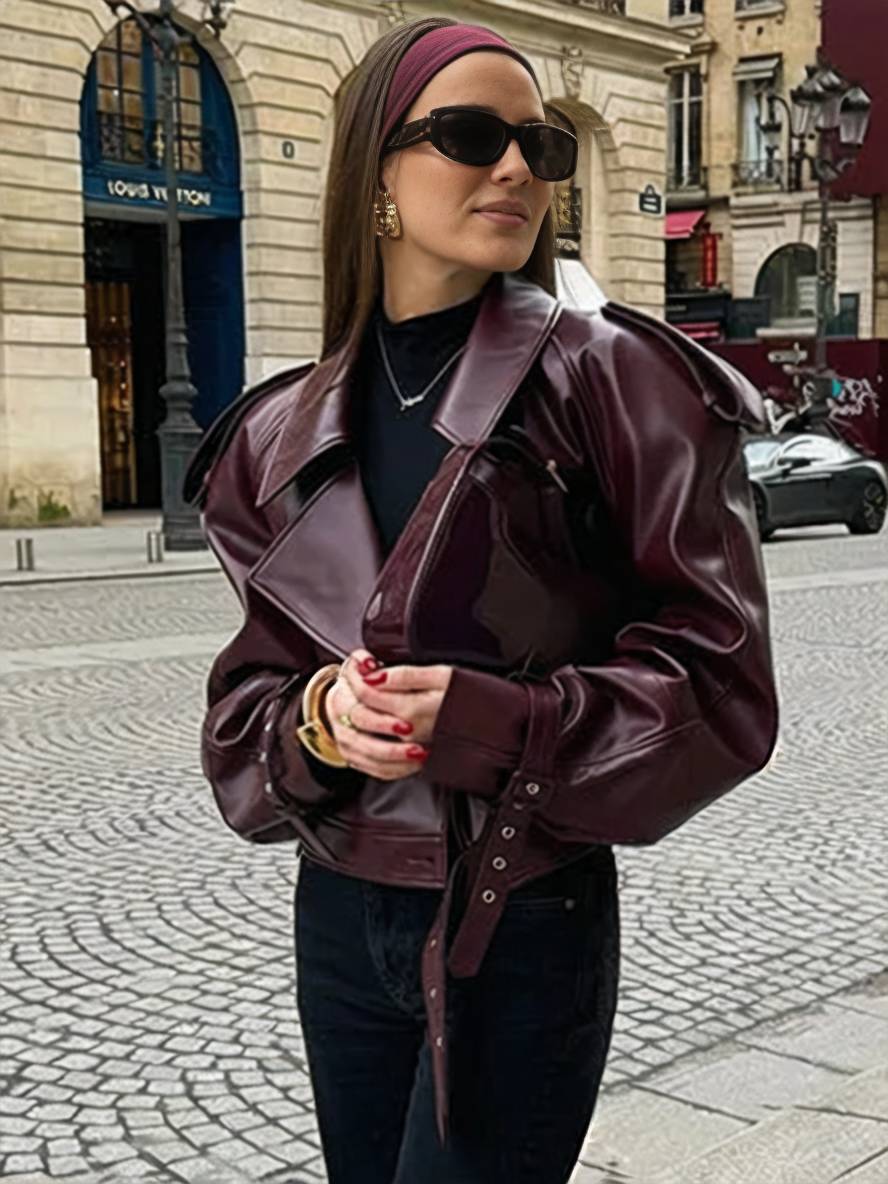 Cocolii court perfecto femme simili cuir fermeture éclair ceinture col revers manches longues femme vintage décontracté veste