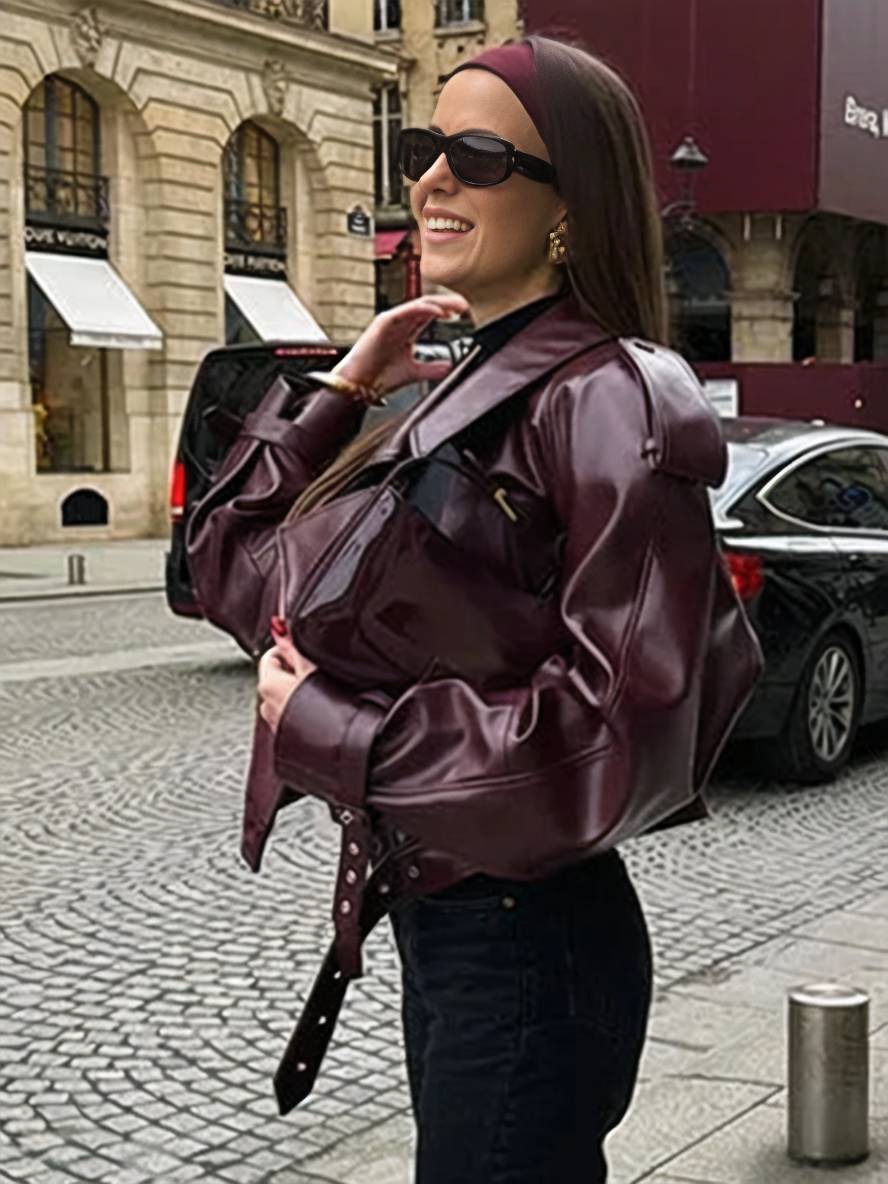 Cocolii court perfecto femme simili cuir fermeture éclair ceinture col revers manches longues femme vintage décontracté veste