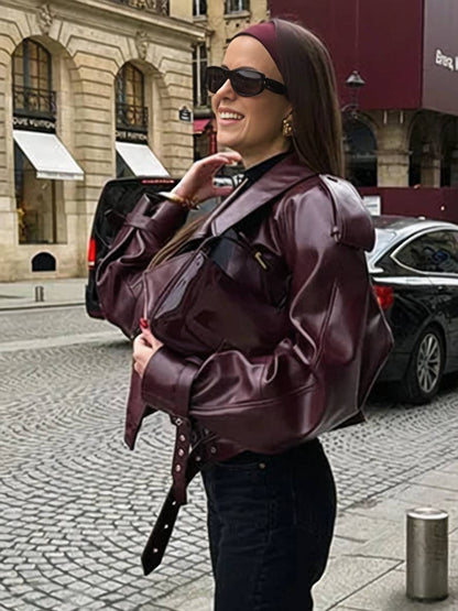 Cocolii court perfecto femme simili cuir fermeture éclair ceinture col revers manches longues femme vintage décontracté veste