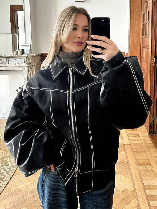 Cocolii veste motard simili cuir poches col revers manches longues femme élégant vintage décontracté oversized