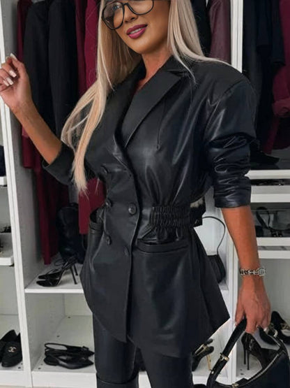 Cocolii veste en simili cuir double boutonnage manches longues femme élégant décontracté mode casual manteau