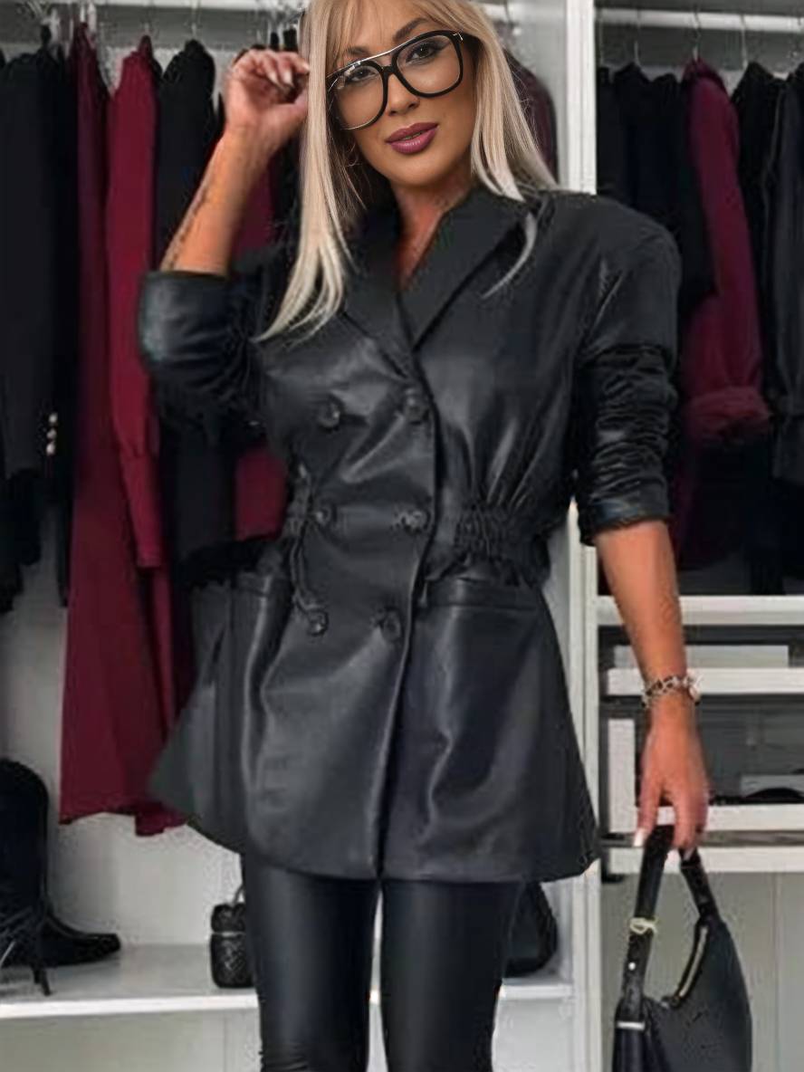 Cocolii veste en simili cuir double boutonnage manches longues femme élégant décontracté mode casual manteau