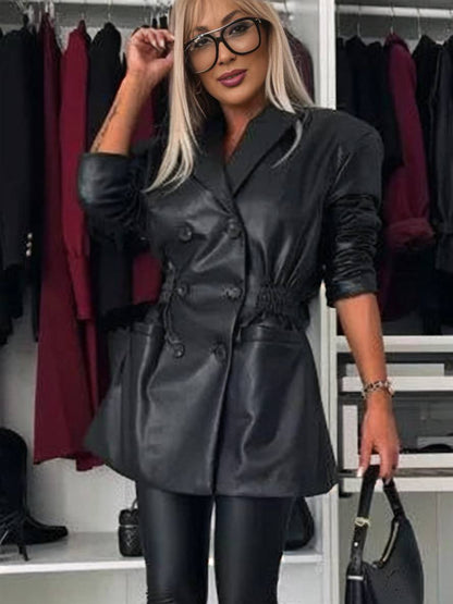 Cocolii veste en simili cuir double boutonnage manches longues femme élégant décontracté mode casual manteau