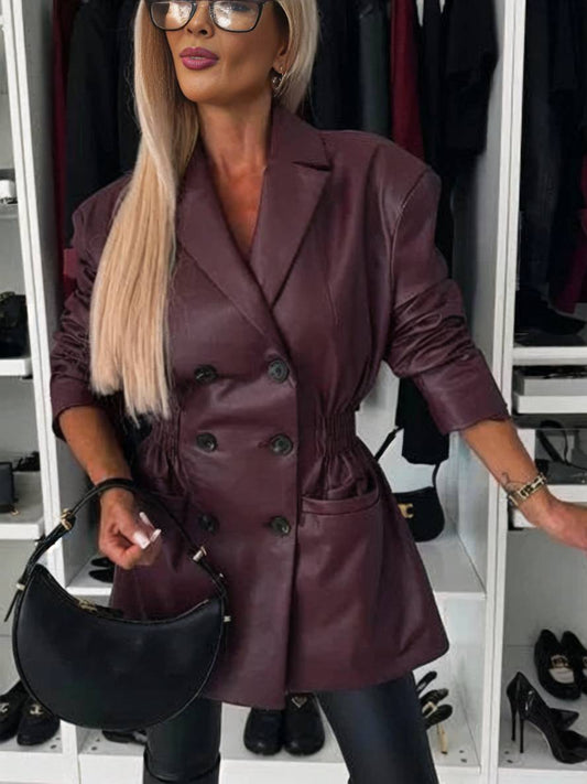 Cocolii veste en simili cuir double boutonnage manches longues femme élégant décontracté mode casual manteau