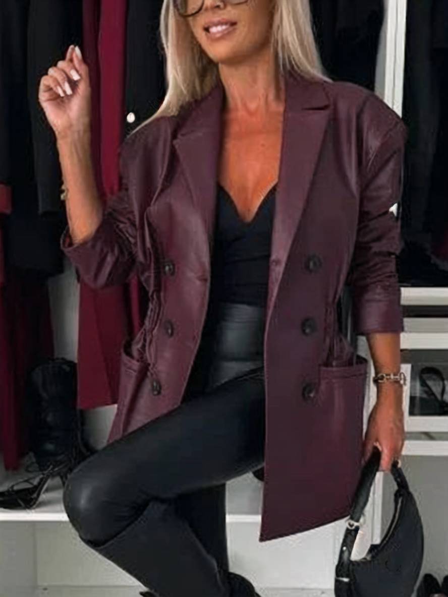 Cocolii veste en simili cuir double boutonnage manches longues femme élégant décontracté mode casual manteau