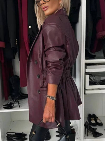 Cocolii veste en simili cuir double boutonnage manches longues femme élégant décontracté mode casual manteau