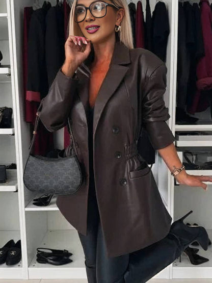 Cocolii veste en simili cuir double boutonnage manches longues femme élégant décontracté mode casual manteau