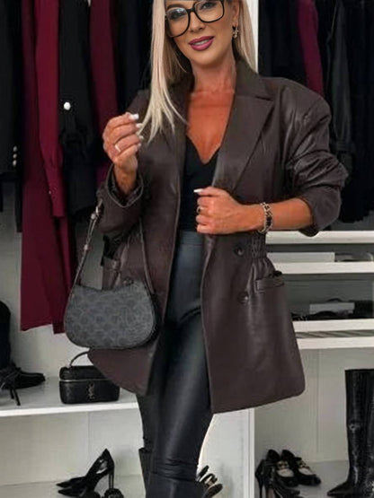 Cocolii veste en simili cuir double boutonnage manches longues femme élégant décontracté mode casual manteau