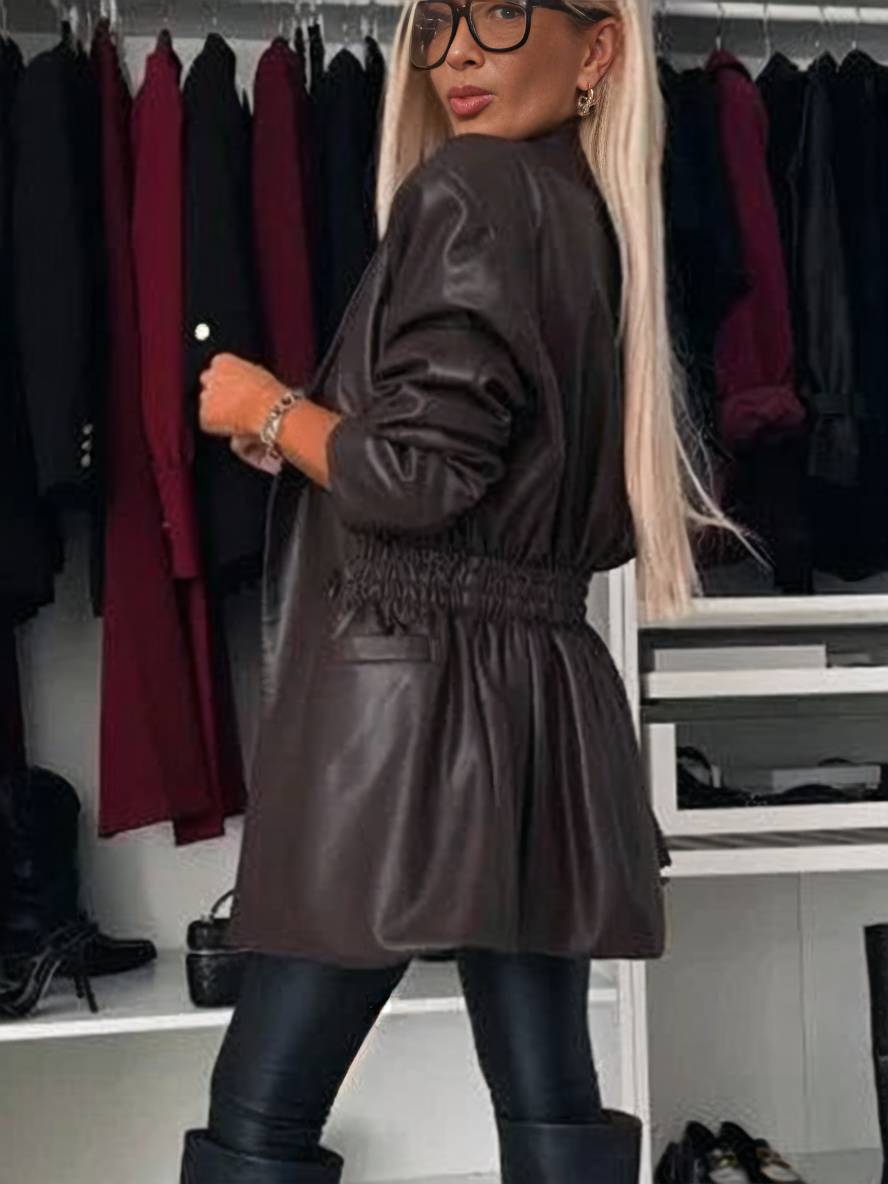 Cocolii veste en simili cuir double boutonnage manches longues femme élégant décontracté mode casual manteau