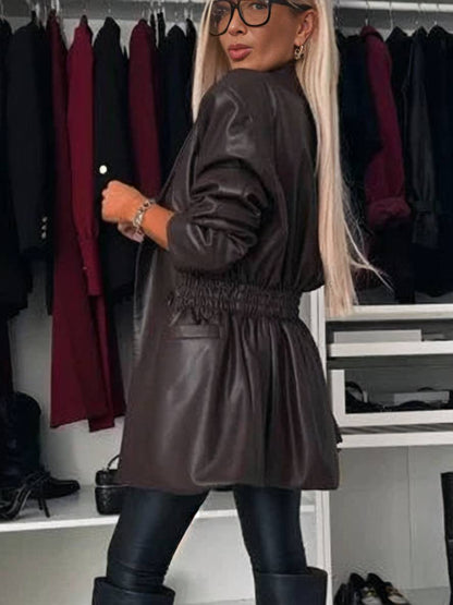 Cocolii veste en simili cuir double boutonnage manches longues femme élégant décontracté mode casual manteau