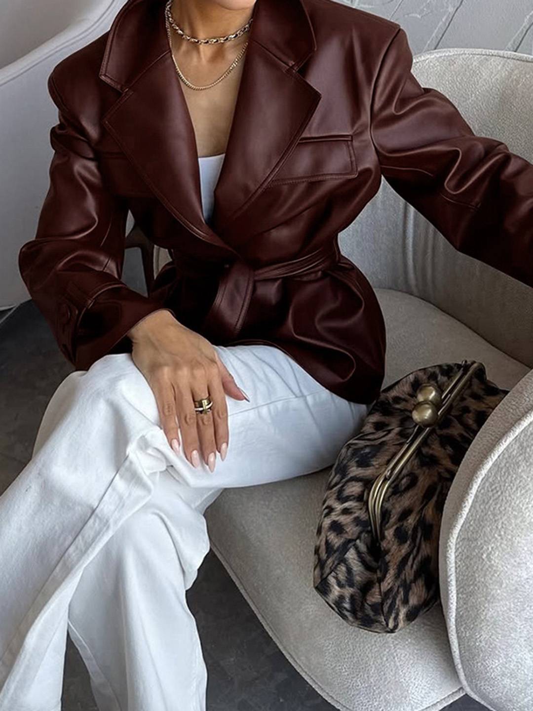 Cocolii veste blazer femme en simili cuir boutons ceinture col revers vintage style boyfriend décontracté blouson