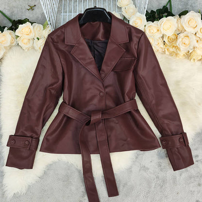 Cocolii veste blazer femme en simili cuir boutons ceinture col revers vintage style boyfriend décontracté blouson
