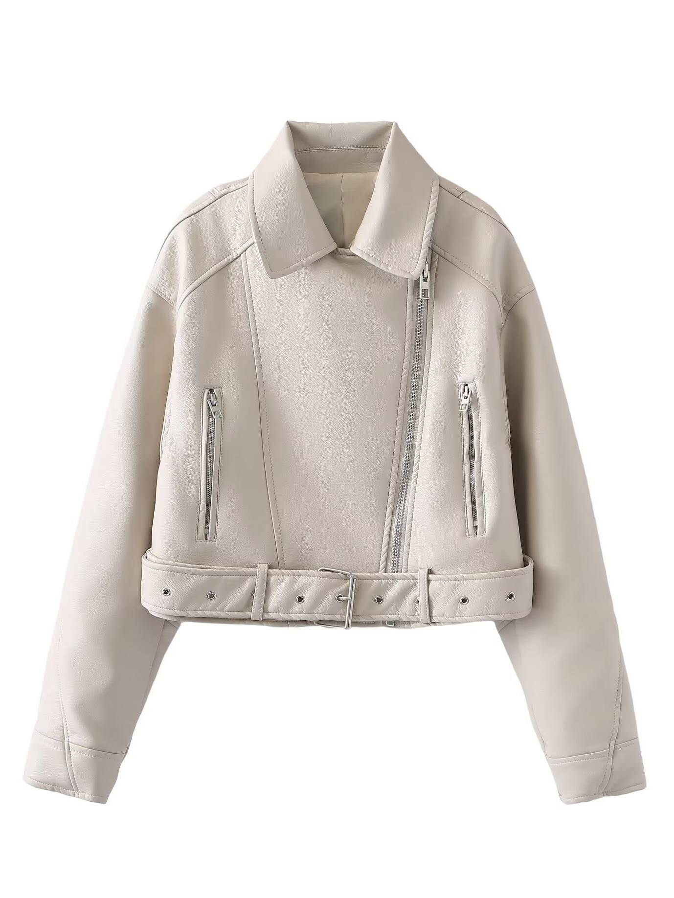 Cocolii court perfecto femme simili cuir poches ceinture fermeture éclair col revers manches longues décontracté veste