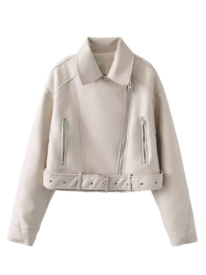 Cocolii court perfecto femme simili cuir poches ceinture fermeture éclair col revers manches longues décontracté veste