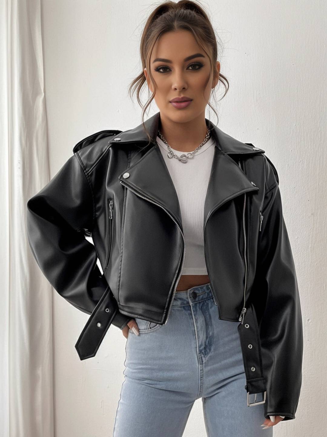 Cocolii court perfecto femme simili cuir poches ceinture fermeture éclair col revers manches longues décontracté veste