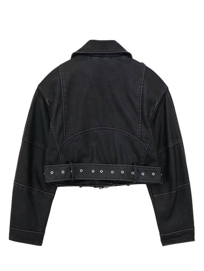 Cocolii court perfecto femme simili cuir poches ceinture fermeture éclair col revers manches longues décontracté veste