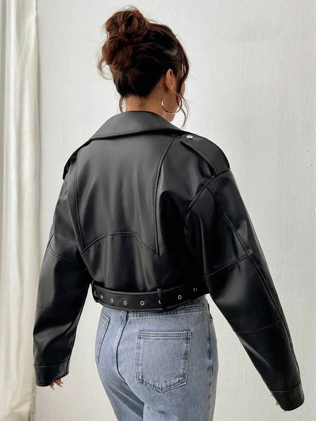 Cocolii court perfecto femme simili cuir poches ceinture fermeture éclair col revers manches longues décontracté veste