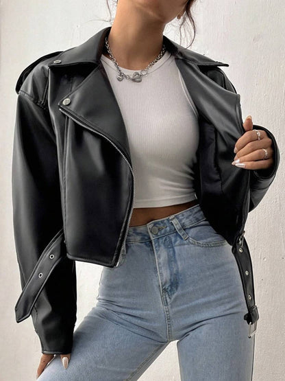 Cocolii court perfecto femme simili cuir poches ceinture fermeture éclair col revers manches longues décontracté veste