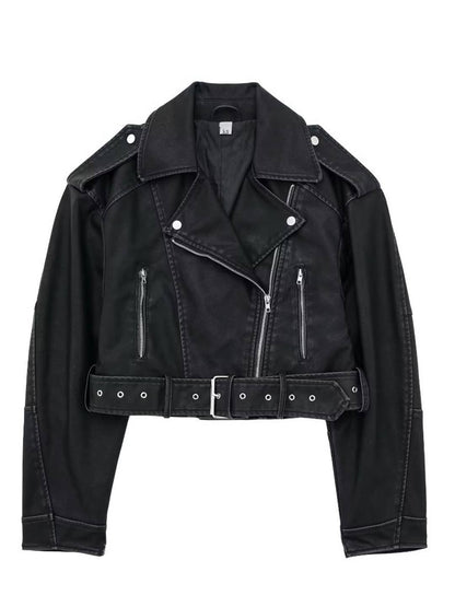 Cocolii court perfecto femme simili cuir poches ceinture fermeture éclair col revers manches longues décontracté veste