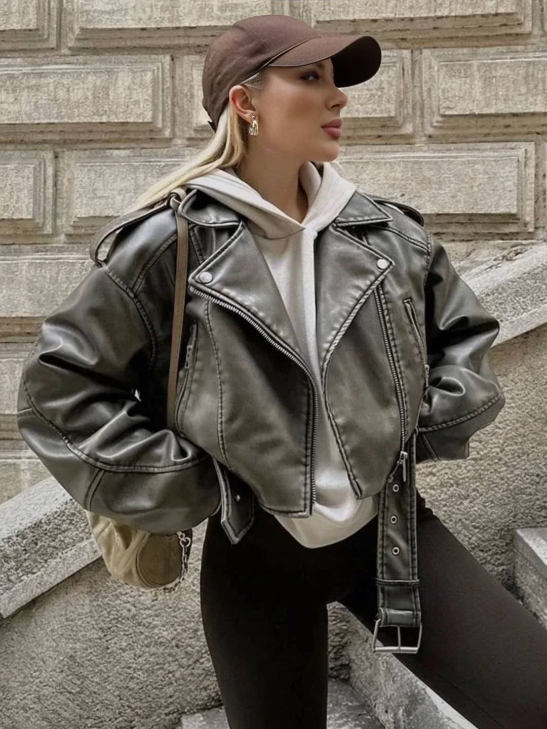 Cocolii court perfecto femme simili cuir poches ceinture fermeture éclair col revers manches longues décontracté veste