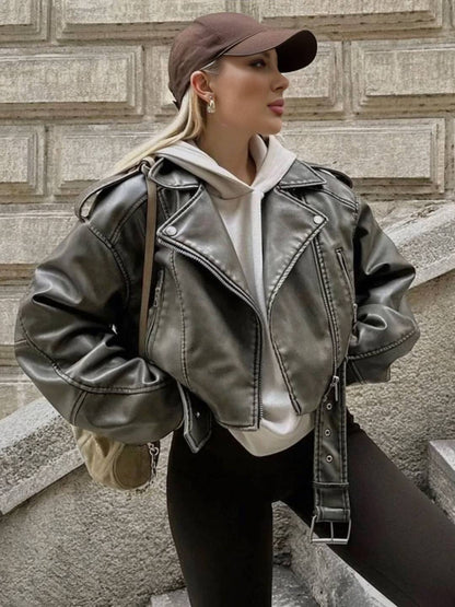 Cocolii court perfecto femme simili cuir poches ceinture fermeture éclair col revers manches longues décontracté veste