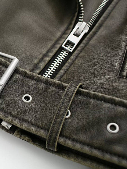 Cocolii court perfecto femme simili cuir poches ceinture fermeture éclair col revers manches longues décontracté veste