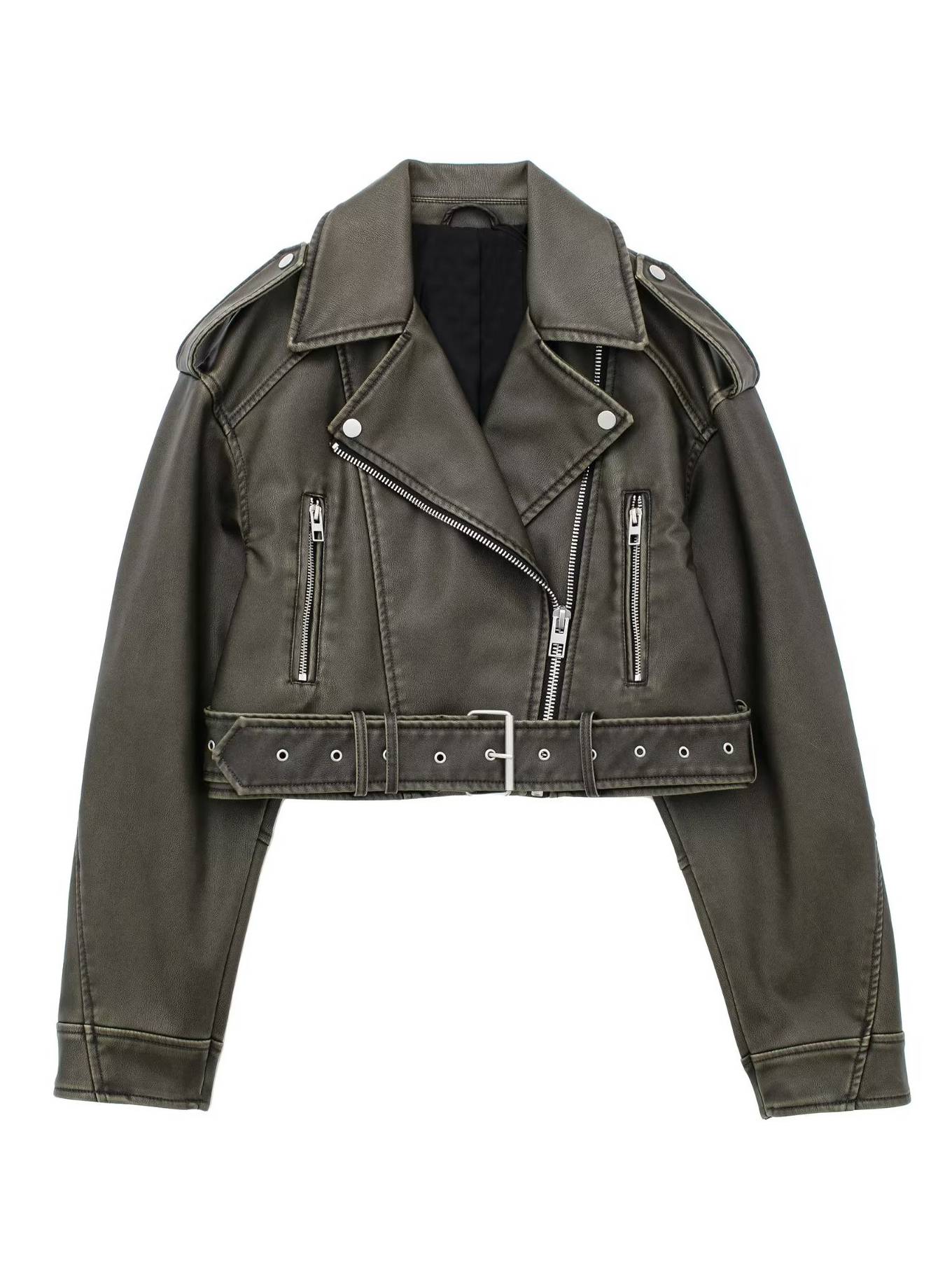 Cocolii court perfecto femme simili cuir poches ceinture fermeture éclair col revers manches longues décontracté veste