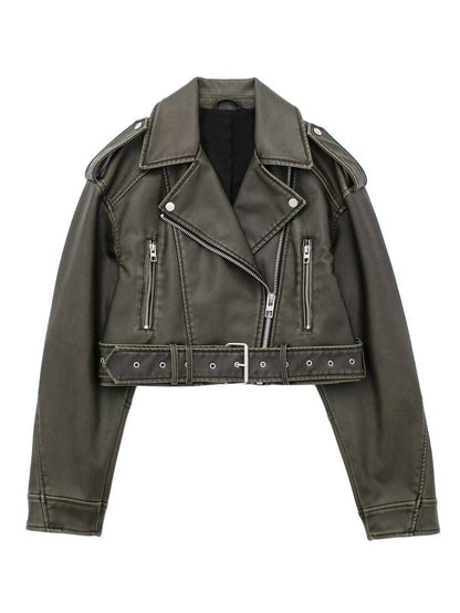 Cocolii court perfecto femme simili cuir poches ceinture fermeture éclair col revers manches longues décontracté veste